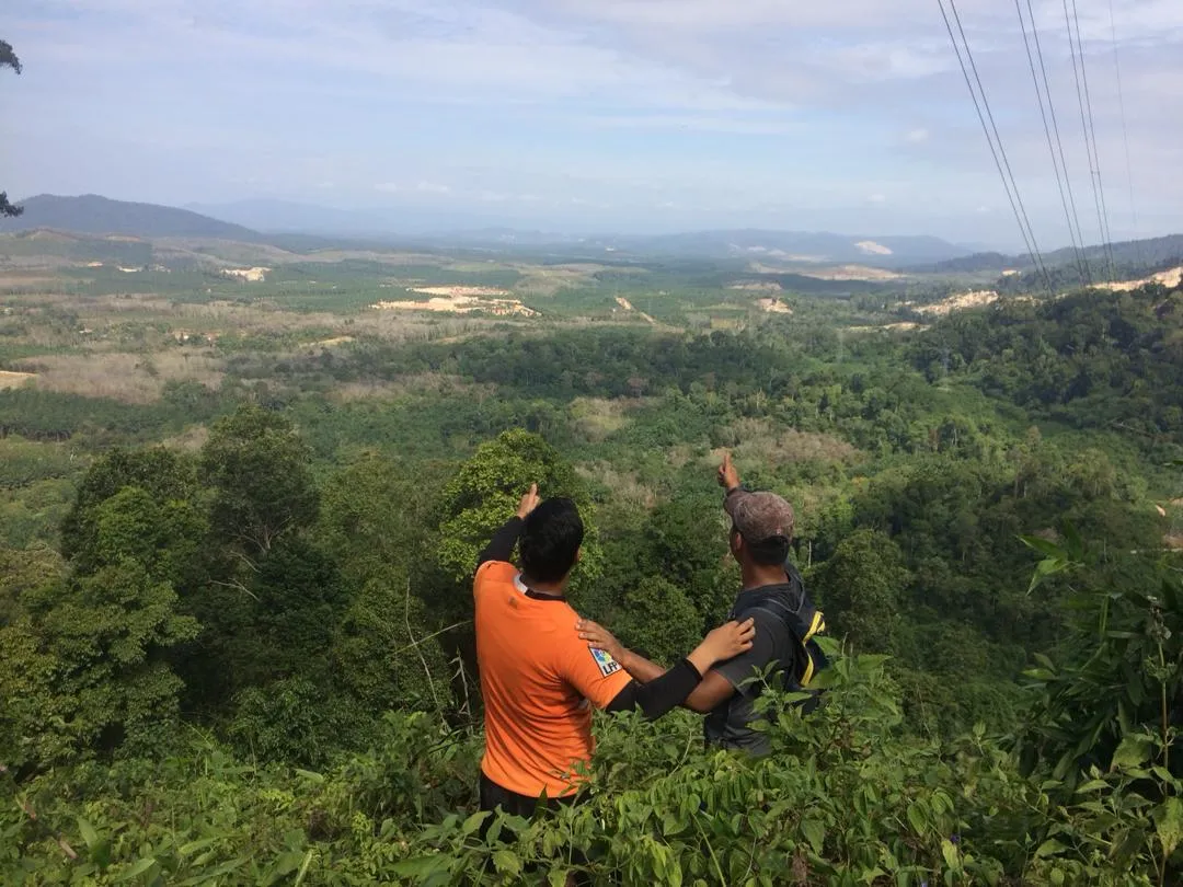 Hikers looking over the forest landscape from Bukit Batu Lebah in Melaka